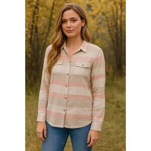 Toad & Co Women’s Organic Cotton Striped Shirt Pink Beige Sz L Roll Tab Sleeve